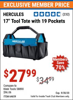 Harbor Freight ITC Coupon HERCULES 17 IN. TOOL TOTE WITH 19 POCKETS Lot No. 64659 Expired: 9/30/20 - $27.99