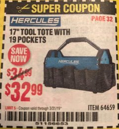 Harbor Freight Coupon HERCULES 17 IN. TOOL TOTE WITH 19 POCKETS Lot No. 64659 Expired: 3/31/19 - $32.99