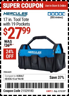 Harbor Freight Coupon HERCULES 17 IN. TOOL TOTE WITH 19 POCKETS Lot No. 64659 Expired: 4/13/26 - $27.99