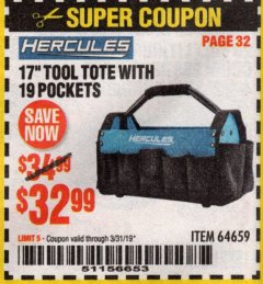 Harbor Freight Coupon HERCULES 17 IN. TOOL TOTE WITH 19 POCKETS Lot No. 64659 Expired: 3/31/19 - $32.99