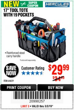 Harbor Freight Coupon HERCULES 17 IN. TOOL TOTE WITH 19 POCKETS Lot No. 64659 Expired: 3/3/19 - $29.99