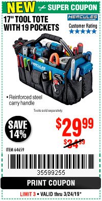 Harbor Freight Coupon HERCULES 17 IN. TOOL TOTE WITH 19 POCKETS Lot No. 64659 Expired: 3/24/19 - $29.99