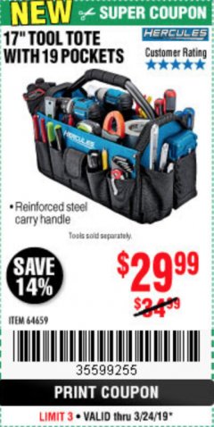 Harbor Freight Coupon HERCULES 17 IN. TOOL TOTE WITH 19 POCKETS Lot No. 64659 Expired: 3/24/19 - $29.99