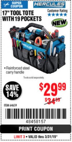 Harbor Freight Coupon HERCULES 17 IN. TOOL TOTE WITH 19 POCKETS Lot No. 64659 Expired: 3/31/19 - $29.99