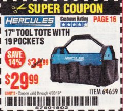 Harbor Freight Coupon HERCULES 17 IN. TOOL TOTE WITH 19 POCKETS Lot No. 64659 Expired: 4/30/19 - $29.99