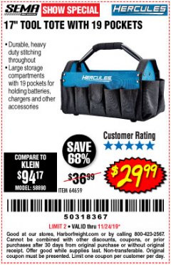 Harbor Freight Coupon HERCULES 17 IN. TOOL TOTE WITH 19 POCKETS Lot No. 64659 Expired: 11/24/19 - $29.99