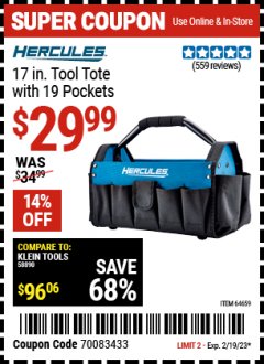 Harbor Freight Coupon HERCULES 17 IN. TOOL TOTE WITH 19 POCKETS Lot No. 64659 Expired: 2/19/23 - $29.99