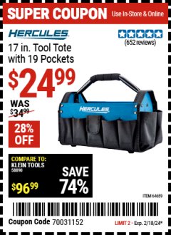 Harbor Freight Coupon HERCULES 17 IN. TOOL TOTE WITH 19 POCKETS Lot No. 64659 Expired: 2/18/24 - $24.99
