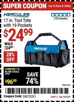 Harbor Freight Coupon HERCULES 17 IN. TOOL TOTE WITH 19 POCKETS Lot No. 64659 Expired: 6/6/24 - $24.99