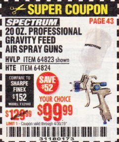 Harbor Freight Coupon SPECTRUM PREMIUM HVLP GRAVITY-FEED AIR SPRAY GUN WITH SIDE FAN CONTROL Lot No. 64823/64824 Expired: 4/30/19 - $99.99