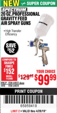 Harbor Freight Coupon SPECTRUM PREMIUM HVLP GRAVITY-FEED AIR SPRAY GUN WITH SIDE FAN CONTROL Lot No. 64823/64824 Expired: 4/28/19 - $99.99