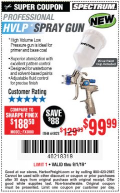Harbor Freight Coupon SPECTRUM PREMIUM HVLP GRAVITY-FEED AIR SPRAY GUN WITH SIDE FAN CONTROL Lot No. 64823/64824 Expired: 9/1/19 - $99.99
