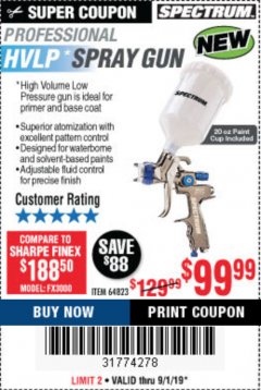 Harbor Freight Coupon SPECTRUM PREMIUM HVLP GRAVITY-FEED AIR SPRAY GUN WITH SIDE FAN CONTROL Lot No. 64823/64824 Expired: 9/1/19 - $99.99