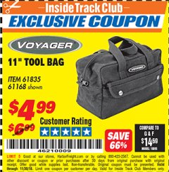 Harbor Freight ITC Coupon VOYAGER 11 IN. TOOL BAG WITH 3 POCKETS Lot No. 61168 Expired: 11/30/18 - $4.99