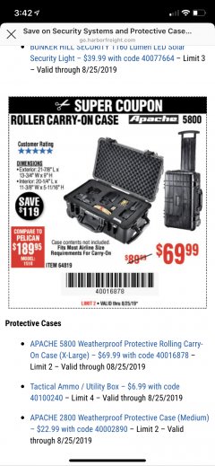 Harbor Freight Coupon APACHE 5800 WEATHERPROOF PROTECTIVE ROLLING CARRY-ON CASE, X-LARGE Lot No. 64819 Expired: 8/25/19 - $69.99