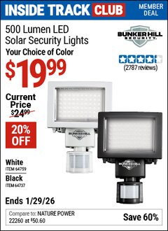 Harbor Freight ITC Coupon BUNKER HILL SECURITY 500 LUMEN LED SOLAR SECURITY LIGHT Lot No. 64737/64759 Dates Valid: 12/31/69 - 1/29/26 - $19.99