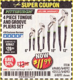 Harbor Freight Coupon PITTSBURGH TONGUE AND GROOVE JOINT PLIERS SET, 4-PIECE Lot No. 64093 Expired: 11/30/19 - $11.99