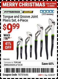Harbor Freight Coupon PITTSBURGH TONGUE AND GROOVE JOINT PLIERS SET, 4-PIECE Lot No. 64093 Expired: 12/28/25 - $9.99