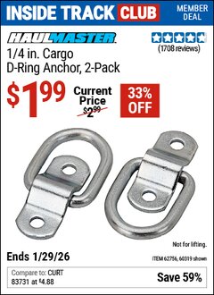 Harbor Freight ITC Coupon HAUL-MASTER 1/4 IN. CARGO D-RING ANCHOR, 2-PACK Lot No. 60319/62756 Dates Valid: 12/31/69 - 1/29/26 - $1.99