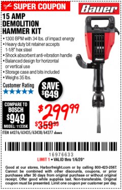 Harbor Freight Coupon BAUER 15 AMP, 35 LB., 1-1/8 IN. HEX LOWER-WALL BREAKER HAMMER Lot No. 64277/64276 Expired: 1/6/20 - $299.99
