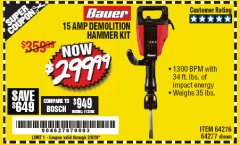 Harbor Freight Coupon BAUER 15 AMP, 35 LB., 1-1/8 IN. HEX LOWER-WALL BREAKER HAMMER Lot No. 64277/64276 Expired: 2/8/20 - $299.99