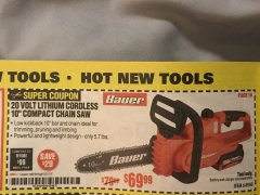 Harbor Freight Coupon BAUER 20V CORDLESS, 10 IN. CHAINSAW &ndash; TOOL ONLY Lot No. 64940 Expired: 5/31/19 - $69.99
