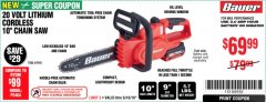 Harbor Freight Coupon BAUER 20V CORDLESS, 10 IN. CHAINSAW &ndash; TOOL ONLY Lot No. 64940 Expired: 6/10/19 - $69.99