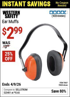 Harbor Freight Coupon WESTERN SAFETY EAR MUFFS Lot No. 70038/70037 EXPIRES: 4/9/26 - $2.99