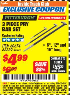 Harbor Freight ITC Coupon PITTSBURGH PRY BAR SET, 3-PIECE Lot No. 68339 Expired: 5/31/18 - $4.99