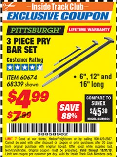 Harbor Freight ITC Coupon PITTSBURGH PRY BAR SET, 3-PIECE Lot No. 68339 Expired: 10/31/18 - $4.99