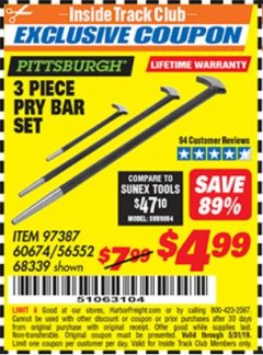 Harbor Freight ITC Coupon PITTSBURGH PRY BAR SET, 3-PIECE Lot No. 68339 Expired: 5/31/19 - $4.99