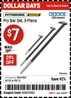 Harbor Freight Coupon PITTSBURGH PRY BAR SET, 3-PIECE Lot No. 68339 Expired: 5/6/26 - $7