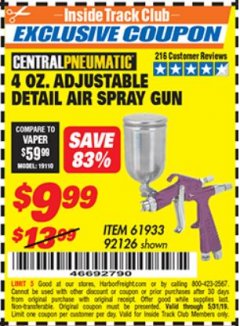 Harbor Freight ITC Coupon CENTRAL PNEUMATIC 4 OZ. ADJUSTABLE DETAIL AIR SPRAY GUN, 0.6 MM NOZZLE Lot No. 92126 Expired: 5/31/19 - $9.99