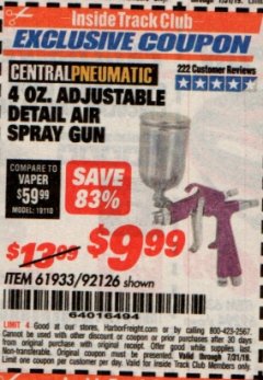 Harbor Freight ITC Coupon CENTRAL PNEUMATIC 4 OZ. ADJUSTABLE DETAIL AIR SPRAY GUN, 0.6 MM NOZZLE Lot No. 92126 Expired: 7/31/19 - $9.99