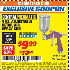Harbor Freight ITC Coupon CENTRAL PNEUMATIC 4 OZ. ADJUSTABLE DETAIL AIR SPRAY GUN, 0.6 MM NOZZLE Lot No. 92126 Expired: 8/31/19 - $9.99