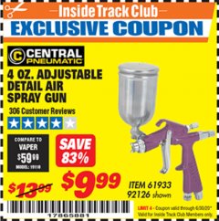 Harbor Freight ITC Coupon CENTRAL PNEUMATIC 4 OZ. ADJUSTABLE DETAIL AIR SPRAY GUN, 0.6 MM NOZZLE Lot No. 92126 Expired: 6/30/20 - $9.99