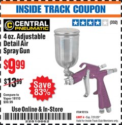 Harbor Freight ITC Coupon CENTRAL PNEUMATIC 4 OZ. ADJUSTABLE DETAIL AIR SPRAY GUN, 0.6 MM NOZZLE Lot No. 92126 Expired: 7/31/20 - $9.99