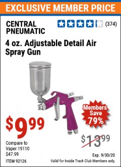 Harbor Freight ITC Coupon CENTRAL PNEUMATIC 4 OZ. ADJUSTABLE DETAIL AIR SPRAY GUN, 0.6 MM NOZZLE Lot No. 92126 Expired: 9/30/20 - $9.99