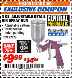 Harbor Freight ITC Coupon CENTRAL PNEUMATIC 4 OZ. ADJUSTABLE DETAIL AIR SPRAY GUN, 0.6 MM NOZZLE Lot No. 92126 Expired: 8/31/18 - $9.99