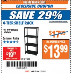 Harbor Freight ITC Coupon U.S. GENERAL 4-TIER SHELF, 23 IN. X 12 IN. X 52 IN. Lot No. 91883 Expired: 11/13/18 - $13.99