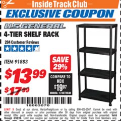 Harbor Freight ITC Coupon U.S. GENERAL 4-TIER SHELF, 23 IN. X 12 IN. X 52 IN. Lot No. 91883 Expired: 4/30/19 - $13.99