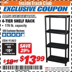 Harbor Freight ITC Coupon U.S. GENERAL 4-TIER SHELF, 23 IN. X 12 IN. X 52 IN. Lot No. 91883 Expired: 2/29/20 - $13.99