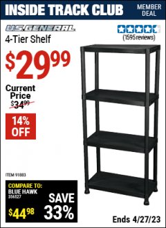 Harbor Freight ITC Coupon U.S. GENERAL 4-TIER SHELF, 23 IN. X 12 IN. X 52 IN. Lot No. 91883 Expired: 4/27/23 - $29.99