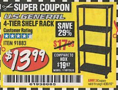 Harbor Freight Coupon U.S. GENERAL 4-TIER SHELF, 23 IN. X 12 IN. X 52 IN. Lot No. 91883 Expired: 4/30/19 - $13.99
