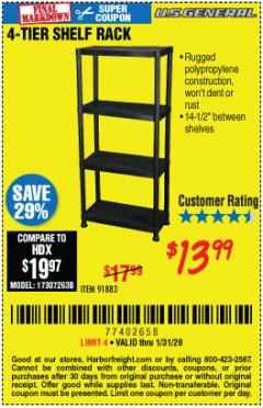 Harbor Freight Coupon U.S. GENERAL 4-TIER SHELF, 23 IN. X 12 IN. X 52 IN. Lot No. 91883 Expired: 1/31/20 - $13.99