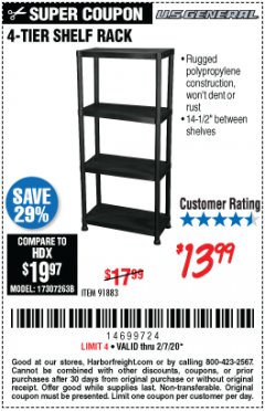 Harbor Freight Coupon U.S. GENERAL 4-TIER SHELF, 23 IN. X 12 IN. X 52 IN. Lot No. 91883 Expired: 2/7/20 - $13.99