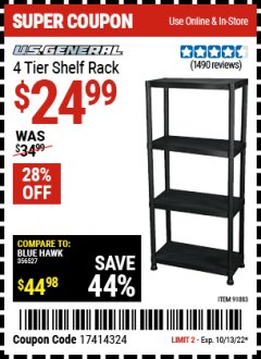 Harbor Freight Coupon U.S. GENERAL 4-TIER SHELF, 23 IN. X 12 IN. X 52 IN. Lot No. 91883 Expired: 10/13/22 - $24.99