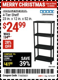 Harbor Freight Coupon U.S. GENERAL 4-TIER SHELF, 23 IN. X 12 IN. X 52 IN. Lot No. 91883 Expired: 12/10/23 - $24.99