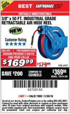 Harbor Freight Coupon EARTHQUAKE XT 3/8 IN. X 50 FT. INDUSTRIAL-GRADE AIR HOSE REEL Lot No. 64925 Expired: 11/30/19 - $169.99