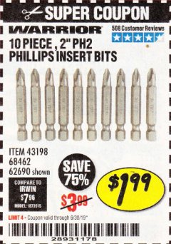 Harbor Freight Coupon WARRIOR 2 IN. PH2 PHILLIPS INSERT BITS, 10-PIECE Lot No. 62690 Expired: 6/30/19 - $1.99